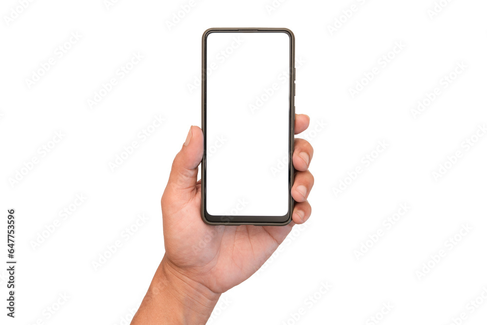 Man's left hand holds a mobile phone near the bottom. Blank screen for additional user interface. Isolated image. Man's left hand holds a mobile phone near the bottom. Blank screen for additional user interface. Isolated image.