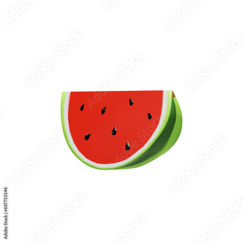 3D render big slice of watermelon. Realistic healthy berry. Vector illustration in clay style. Sweet ripe organic food for vegetarian. Juicy fresh snack in summer season. Tasty nutrition object part