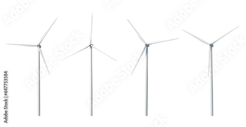 four wind turbines or windmills, technology for sustainable electric generation.isolated image.