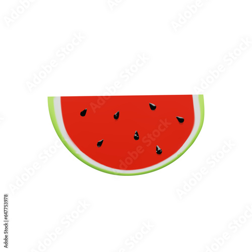 3D render big slice of watermelon. Realistic healthy berry. Vector illustration in clay style. Sweet ripe organic food for vegetarian. Juicy fresh snack in summer season. Tasty nutrition object
