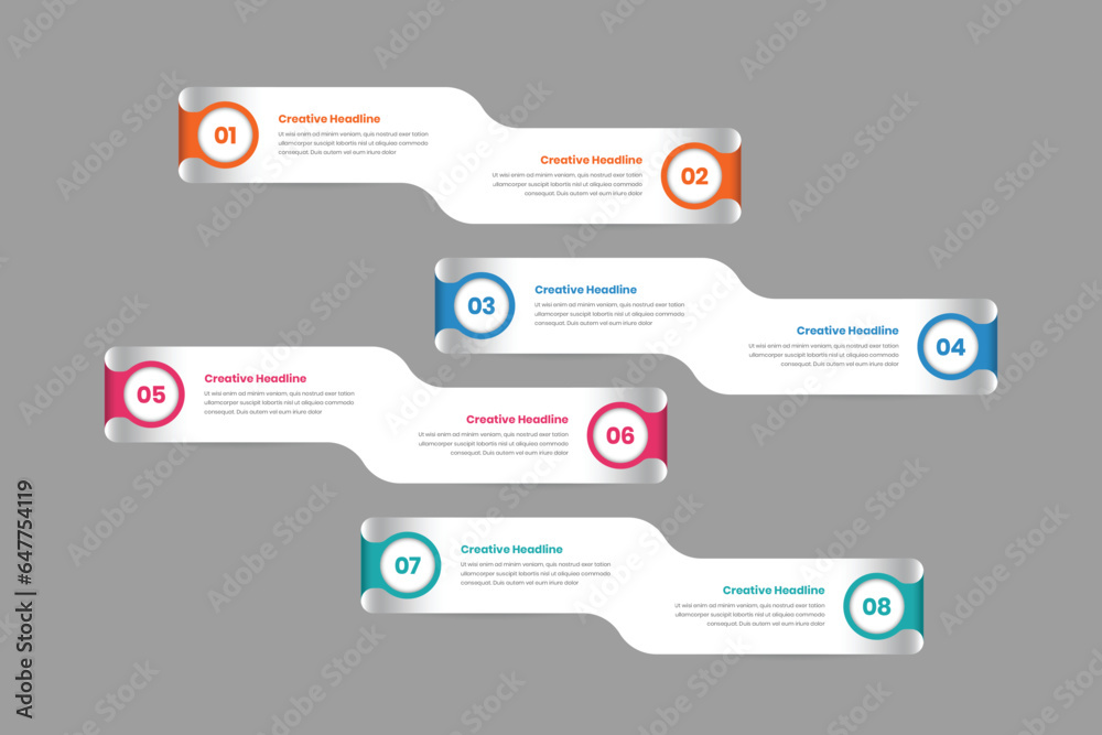 Business concept presentation eight step minimalist infographic template with number and twisted ribbon shape Business concept presentation eight step minimalist infographic template with number and twisted ribbon shape