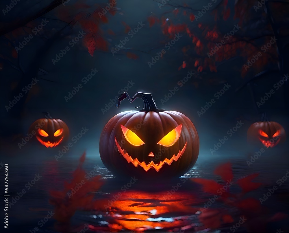 a group of jack o lantern pumpkins in the dark. Generative AI a group of jack o lantern pumpkins in the dark. Generative AI