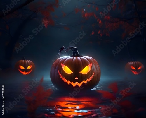 a group of jack o lantern pumpkins in the dark. Generative AI 