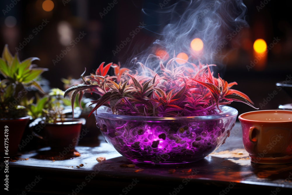 Fantastic glowing flowers on flowerpot, surreal floral wallpaper, magical blooming houseplant Fantastic glowing flowers on flowerpot, surreal floral wallpaper, magical blooming houseplant