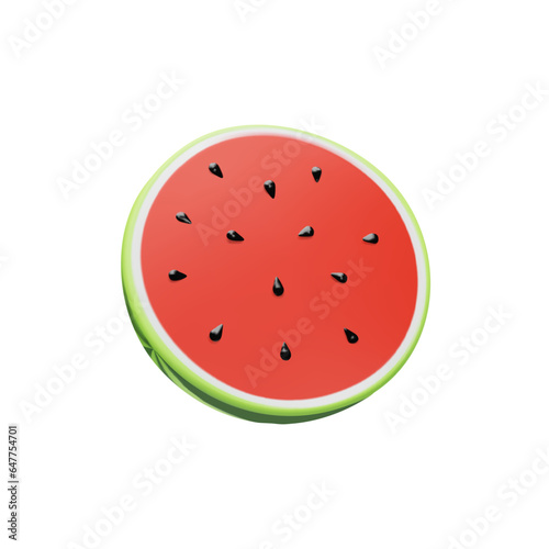 3D render half of watermelon. Realistic healthy berry. Vector illustration in clay style. Sweet ripe organic food for vegetarian. Juicy fresh snack in summer season. Tasty nutrition slice