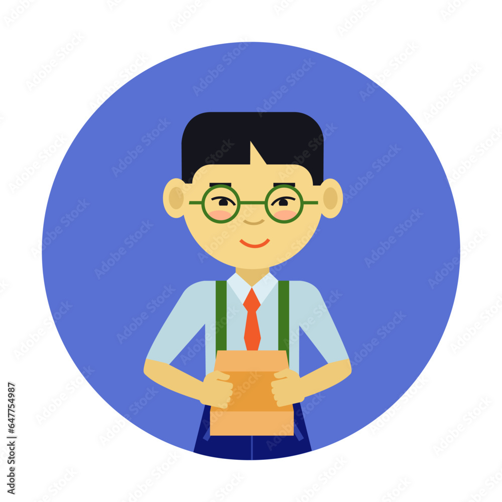 Schoolboy holding lunch bag in hand flat vector circle icon. Smart Asian student in round glasses isolated on white background. Activities and professions, education, school concept Schoolboy holding lunch bag in hand flat vector circle icon. Smart Asian student in round glasses isolated on white background. Activities and professions, education, school concept