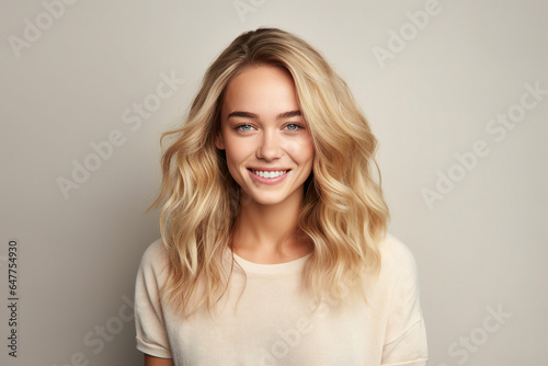 Modern Illustration generative AI collage charming blonde woman smiling white teeth isolated pastel beige color wall background © deagreez