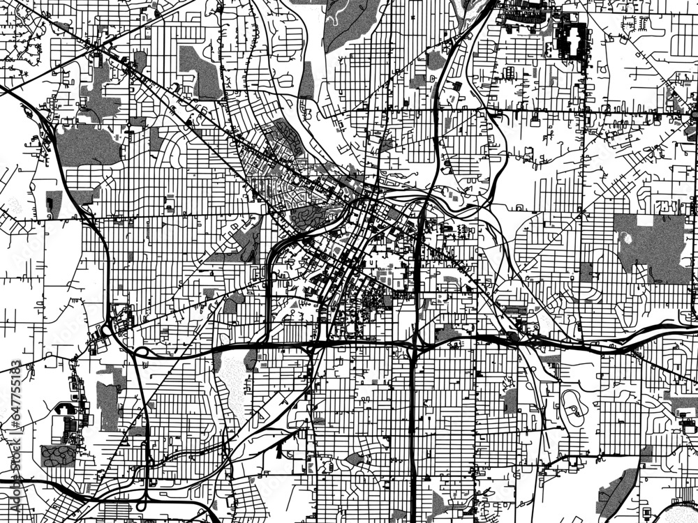 Naklejka premium Greyscale vector city map of Akron Ohio in the United States of America with with water, fields and parks, and roads on a white background.
