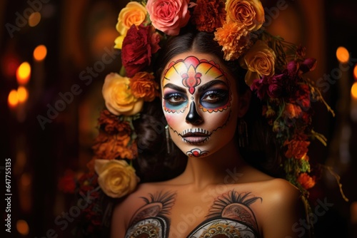 Dia de los muertos. Day of The Dead. Woman with sugar skull makeup on a floral background. AI Generated