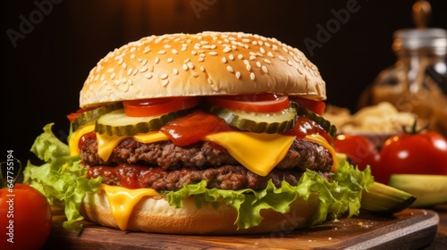 Delicious Burger with Cheese, Lettuce, and Onion on a Sesame Seed Bun