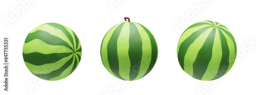 Set of 3D render watermelon. Realistic healthy berry. Vector illustration in clay style. Sweet ripe organic food for vegetarian. Juicy fresh snack in summer season. Tasty nutrition object in plastic