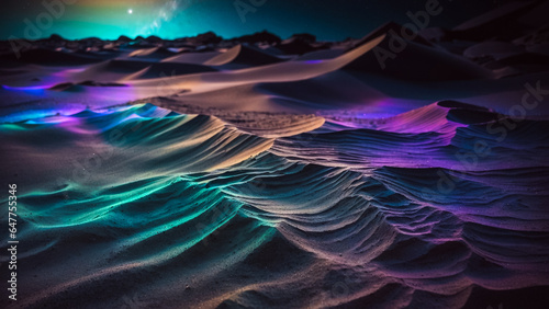 Colorful neon iridescent desert sand, space and stars abstract background in a dark moonlit scene