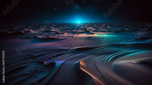Canvas Print Colorful neon iridescent desert sand, space and stars abstract background in a d