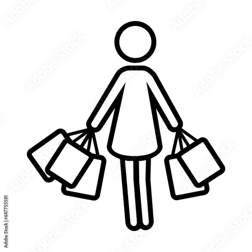 Simple outline of woman with shopping bags vector icon. Black line drawing or cartoon illustration of girl with purchases from shop or store on white background. Shopping, marketing concept