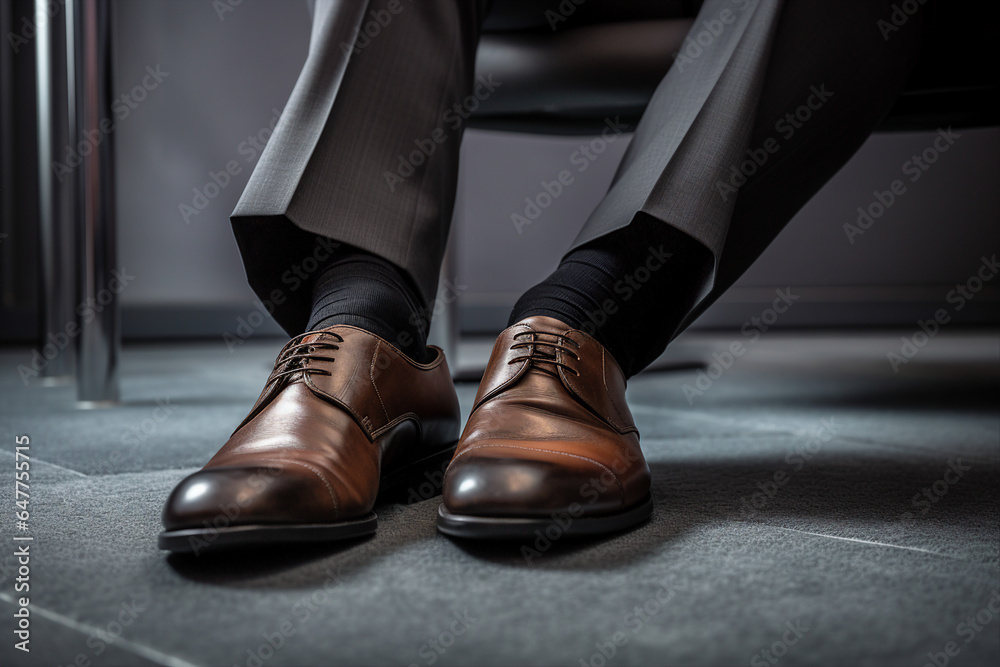 Close up generative AI photography of man going to the office in classic leather shoes Close up generative AI photography of man going to the office in classic leather shoes