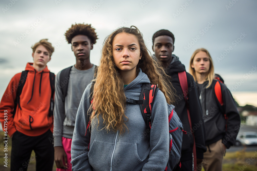 Generative AI image of many students best friends walking to school together september day Generative AI image of many students best friends walking to school together september day