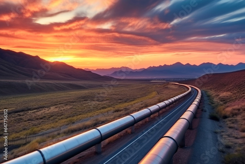 A long industrial pipeline transporting oil and gas. Background of sunset with beam of light. Natural resources concept for industry and factory.