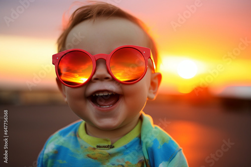 Generative AI photo of adorable cheerful baby in big glasses walking outside the evening sunset