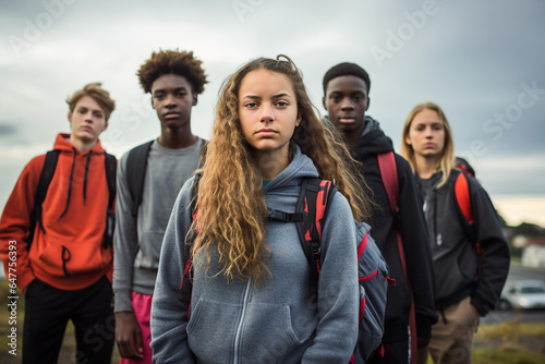 Generative AI image of many students best friends walking to school together september day