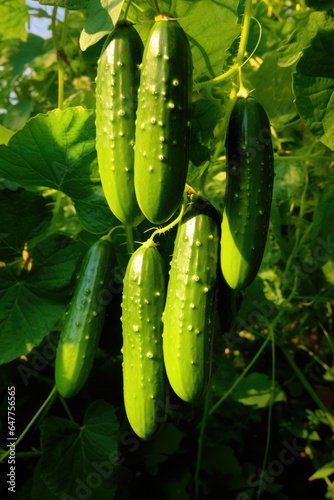 Fresh cucumber fruit hanging on branch, AI Generated