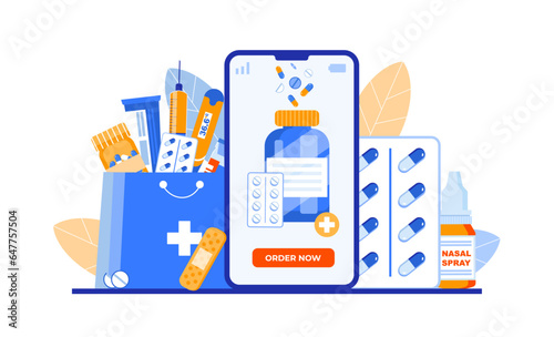 Online pharmacy illustration with medical elements: syringe, thermometer, pills, ointment, pipettes, mercury and electronic thermometers, cough syrup, inhaler, ampoules, anti-stuffy nose.