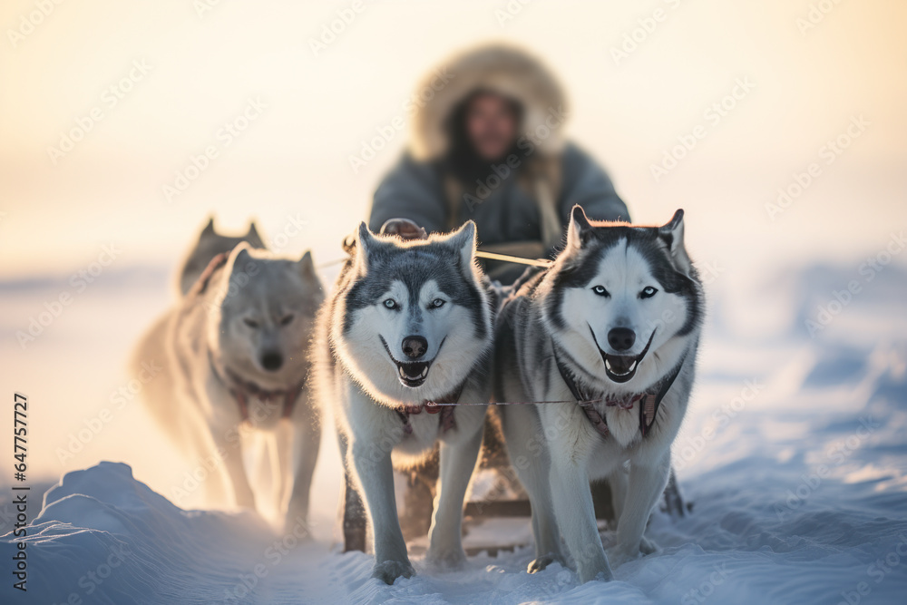 Fototapeta premium Husky dogs are pulling sledge at winter forest, deep snow on the path