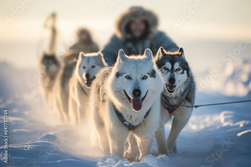 Husky dogs are pulling sledge at winter forest, deep snow on the path