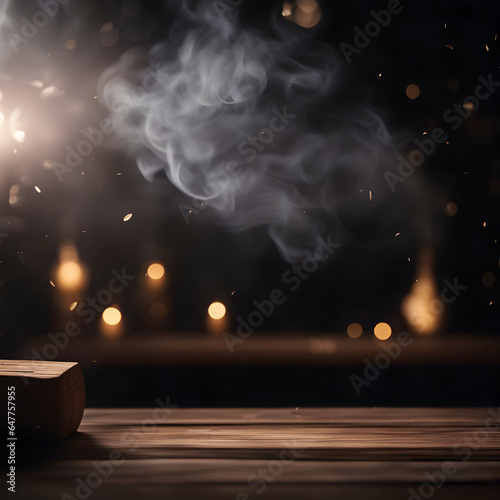 Realistic wooden table with smoke and blurred background photo