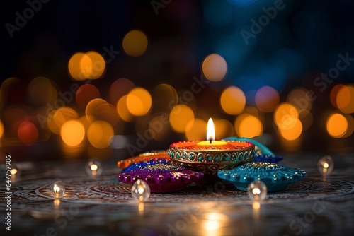 Diwali background and copy space, burning candles with bokeh background, generative ai  © Nia™
