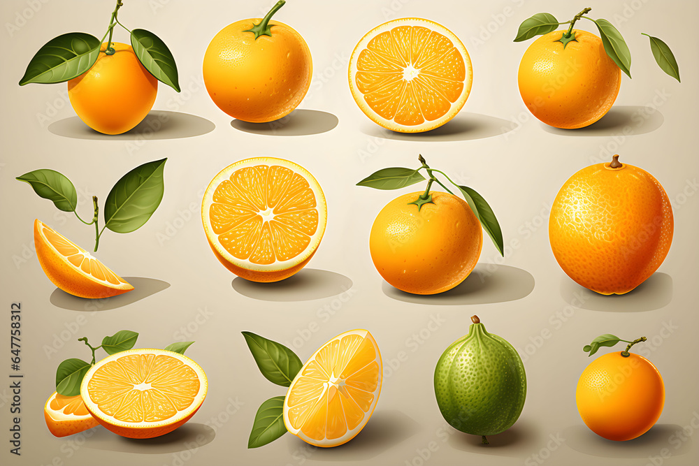 Orange production. Orange fruit harvest. Fruits of various sizes Illustration Autumn Light brown background Generative Ai