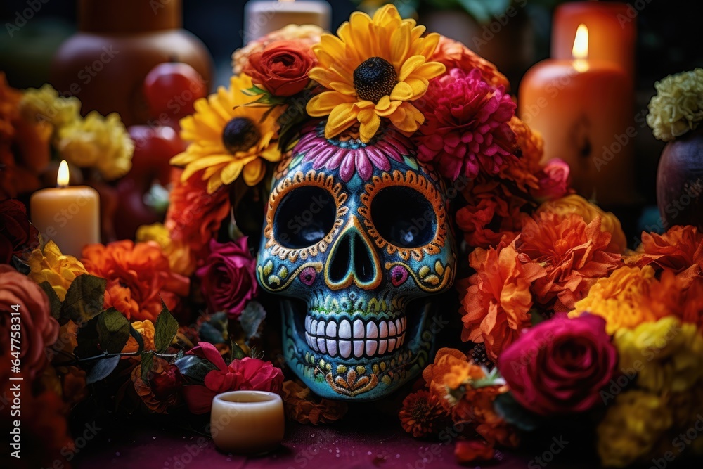 Day of the dead Celebration Background With sugar Skull, calaverita, marigolds flowers, AI Generated