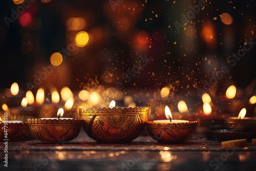 Diwali background and copy space, burning candles with bokeh background, generative ai  © Nia™