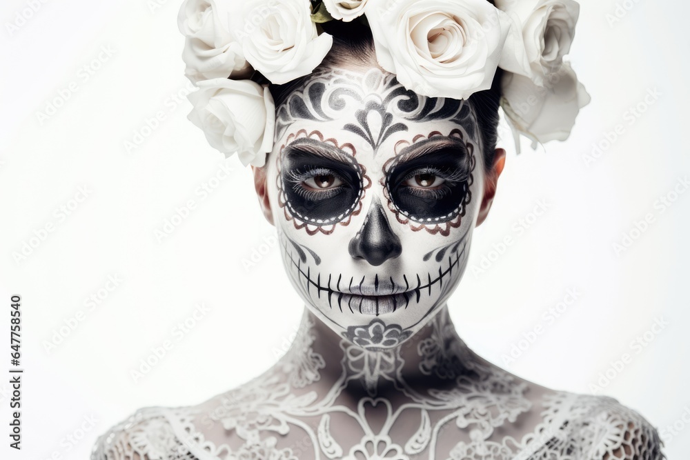 Dia de los muertos. Day of The Dead. Woman with sugar skull makeup on white background. AI Generated Dia de los muertos. Day of The Dead. Woman with sugar skull makeup on white background. AI Generated