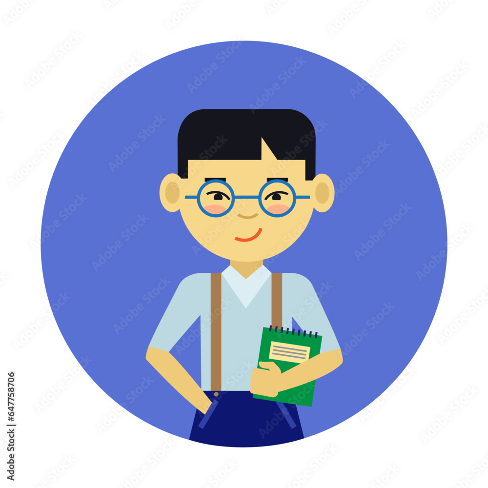 Schoolboy holding notebook in hand flat vector circle icon. Smart Asian student in round glasses isolated on white background. Activities and professions, education, school concept