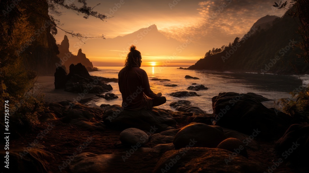 Calm sunset by the sea with a man sitting on a rock and meditating