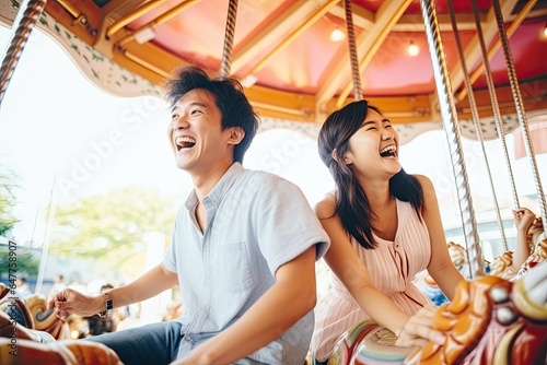 Asian couple on the carousel with laughing and happy mood. © Virtual Art Studio