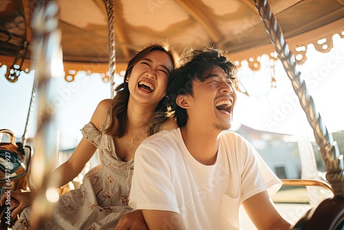 Asian couple on the carousel with laughing and happy mood. photo