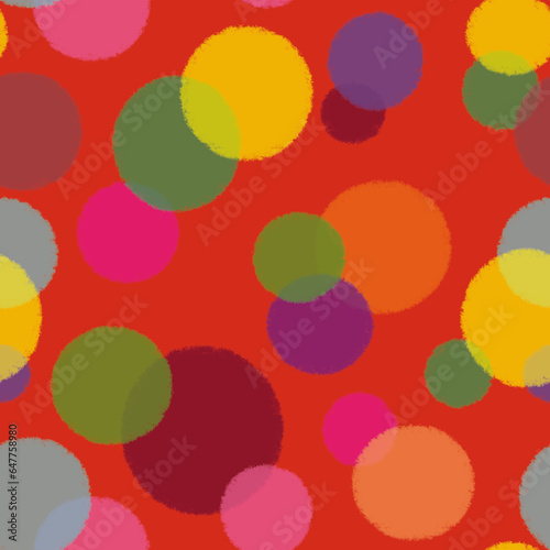 Colorful polka dot pattern with chalk texture, digitally painted; red background