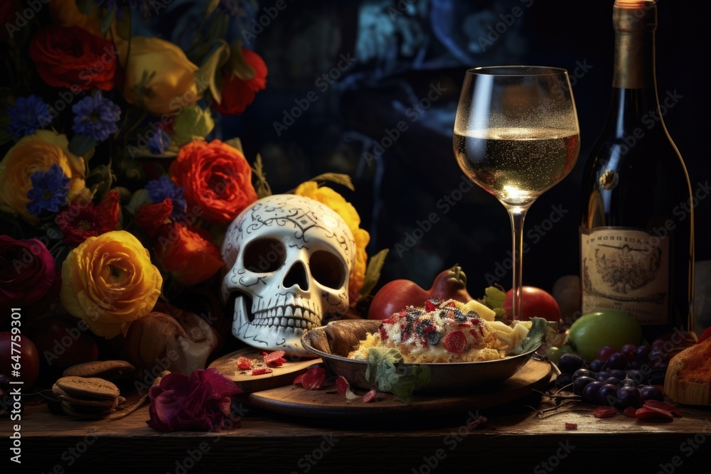 Dia De Los Muertos Celebration Background With sugar Skull, marigolds flowers, AI Generated