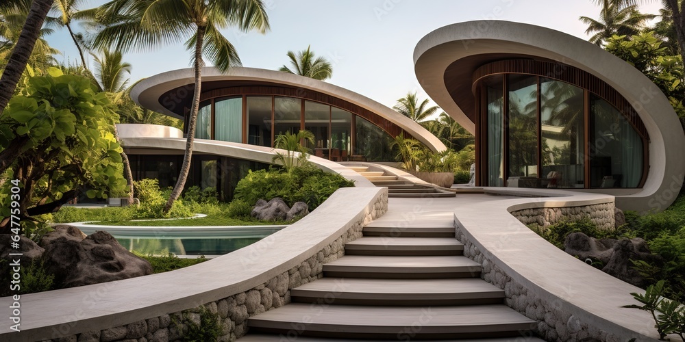 Generative AI, modern luxury house with lush tropical garden. Villa, hotel resort, architectural photography in the style of futuristic curves