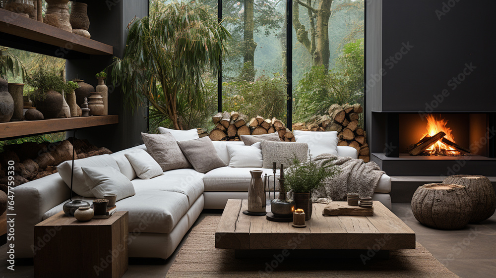 Fototapeta premium modern living room with fireplace, sofa and fireplace, interior design.