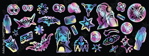 Holograph u2k sticker set, vector hologram cyber holo icon pack, space neon foil retro acid badge. Futuristic vintage stars, hype CD effect tag, trippy woman portrait clipart. Metal holograph sticker