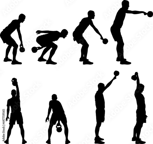 Set silhouette muscular man holding kettle bell