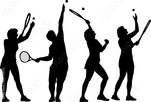 Black set silhouette of female badminton player on white background photo