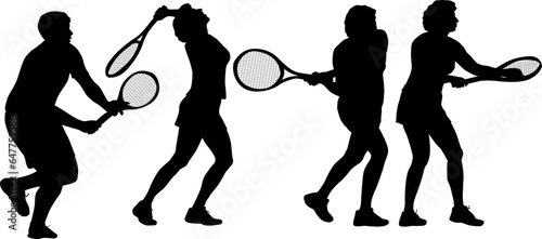 Black set silhouette of female badminton player on white background