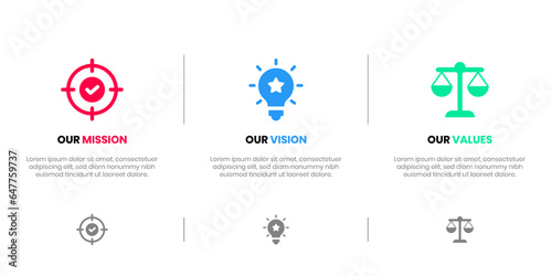 Mission Vision Values infographic Banner template. Company goal infographic design with  Modern flat icon design. vector illustration infographic icon design banner.