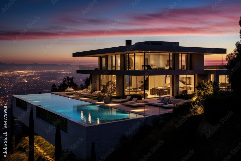 Fototapeta premium A luxurious house with a sparkling swimming pool in the front