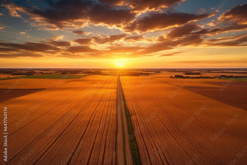 A vibrant sunset illuminating a lush field of crops