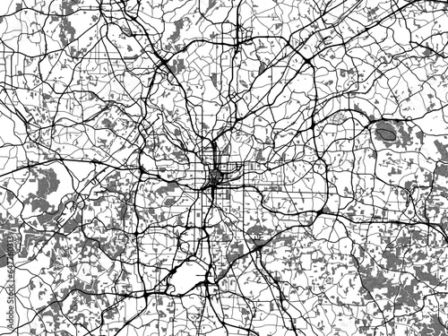 Greyscale vector city map of  Atlanta Georgia in the United States of America with with water, fields and parks, and roads on a white background.