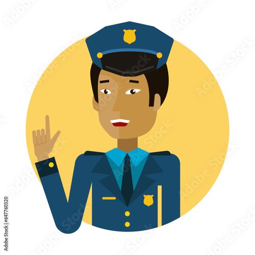 Police officer pointing finger up flat vector circle icon. Happy man wearing uniform and cap on duty isolated on white background. Activities and professions, police, security concept